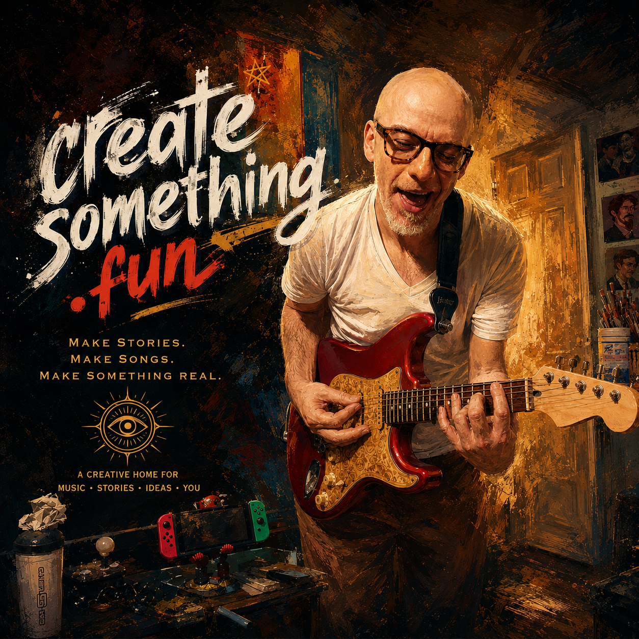 Greg playing a red electric guitar in the CreateSomething.fun studio