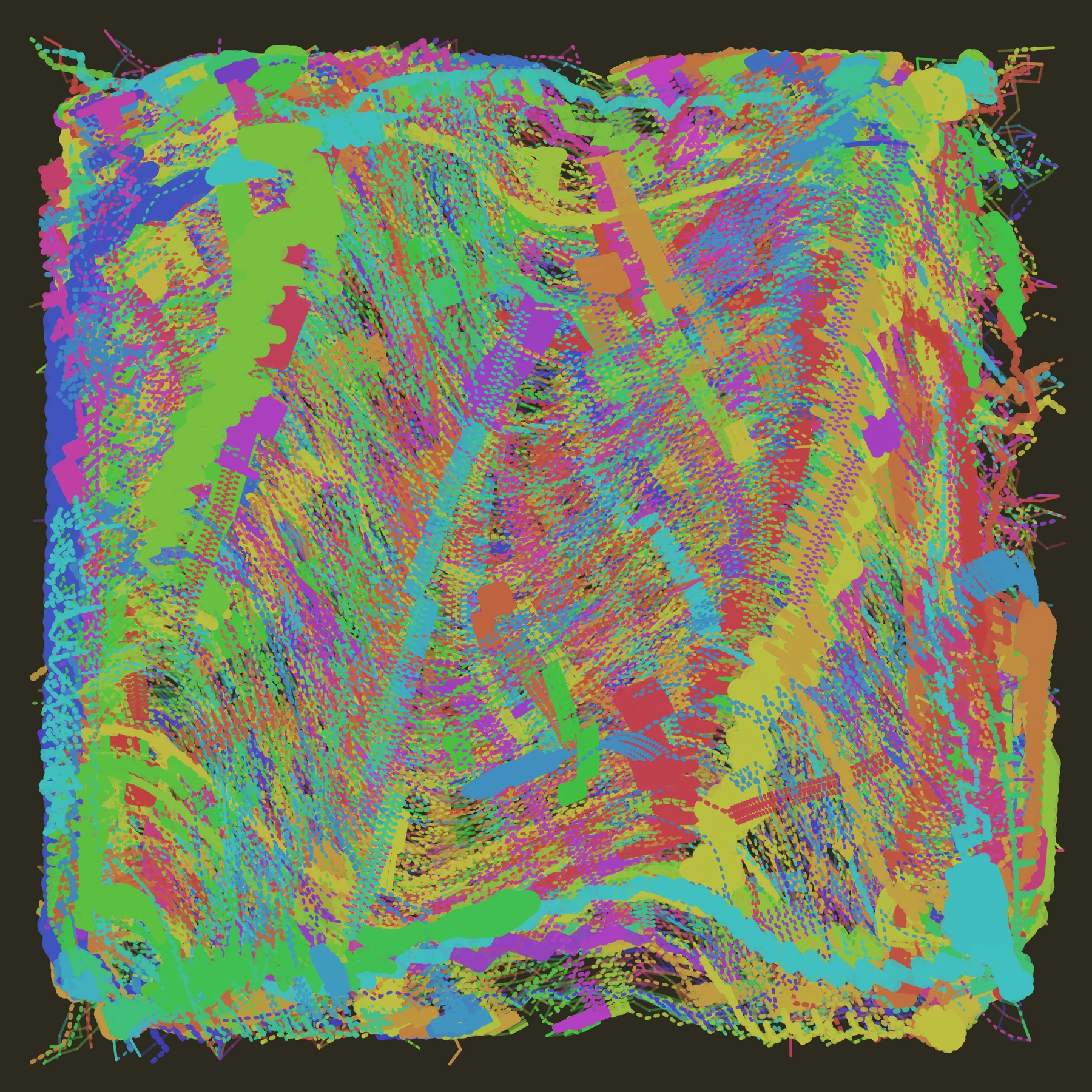 Bitcoin is Dreaming painting at generation one hundred, a dense field of bright marks against a dark ground