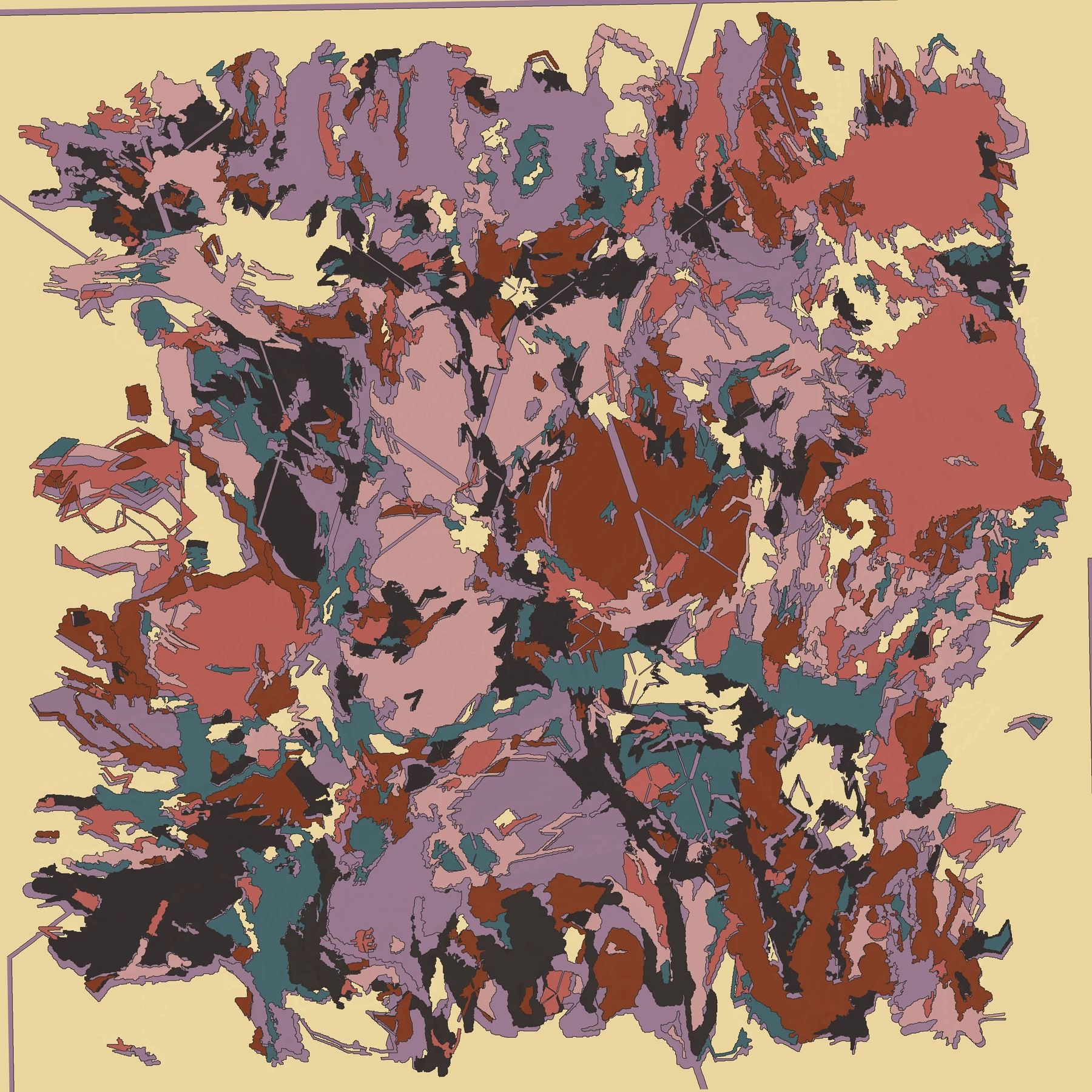 Dense layered Abstractifier composition in mauve, brown, and blue