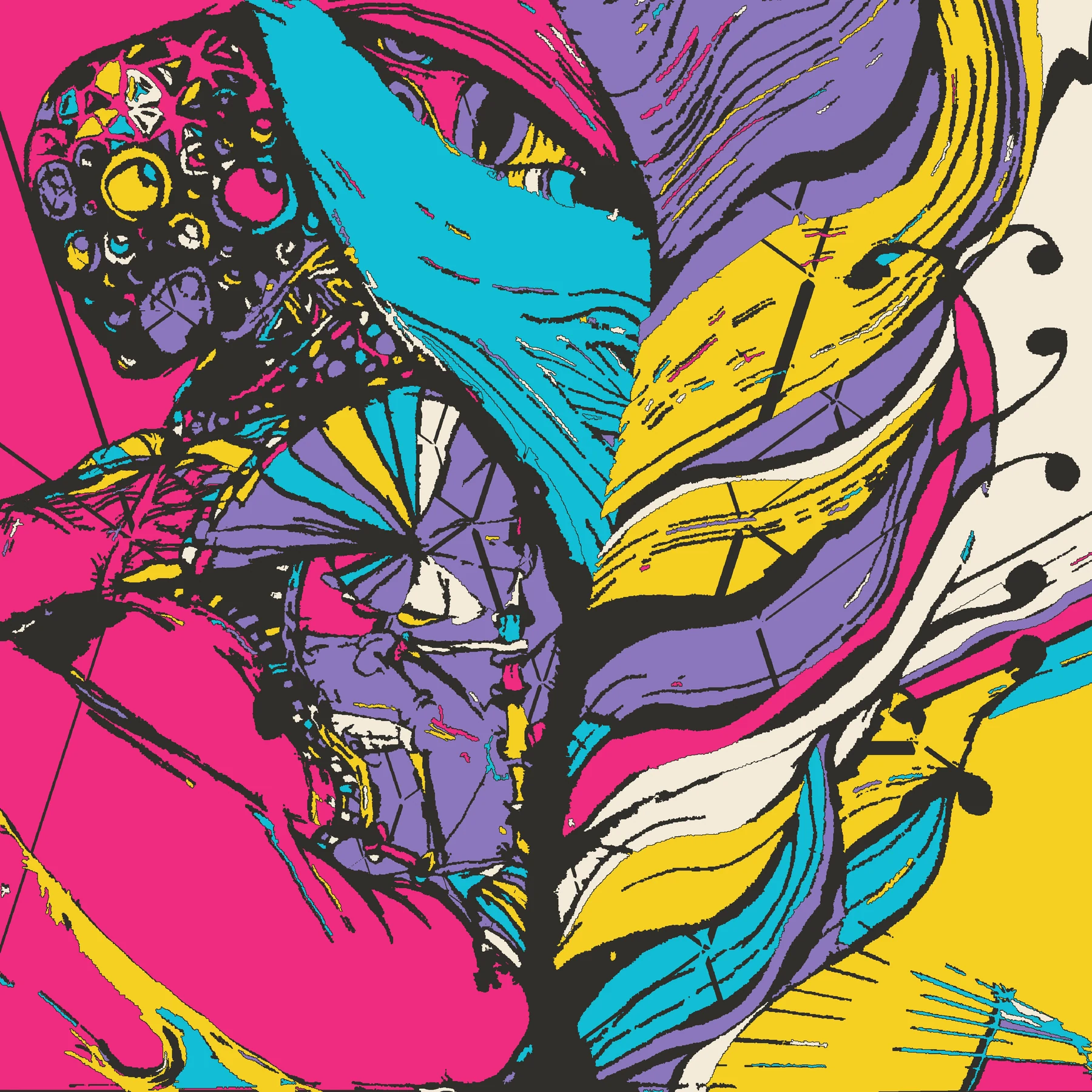 Abstractifier folds of vivid pink, turquoise, purple, and yellow