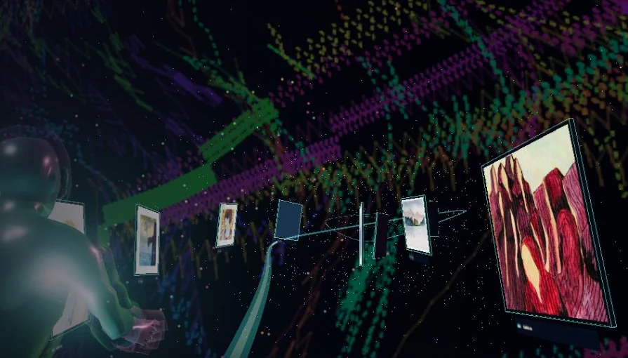 Astral flying along a light path between framed paintings in the 3D gallery