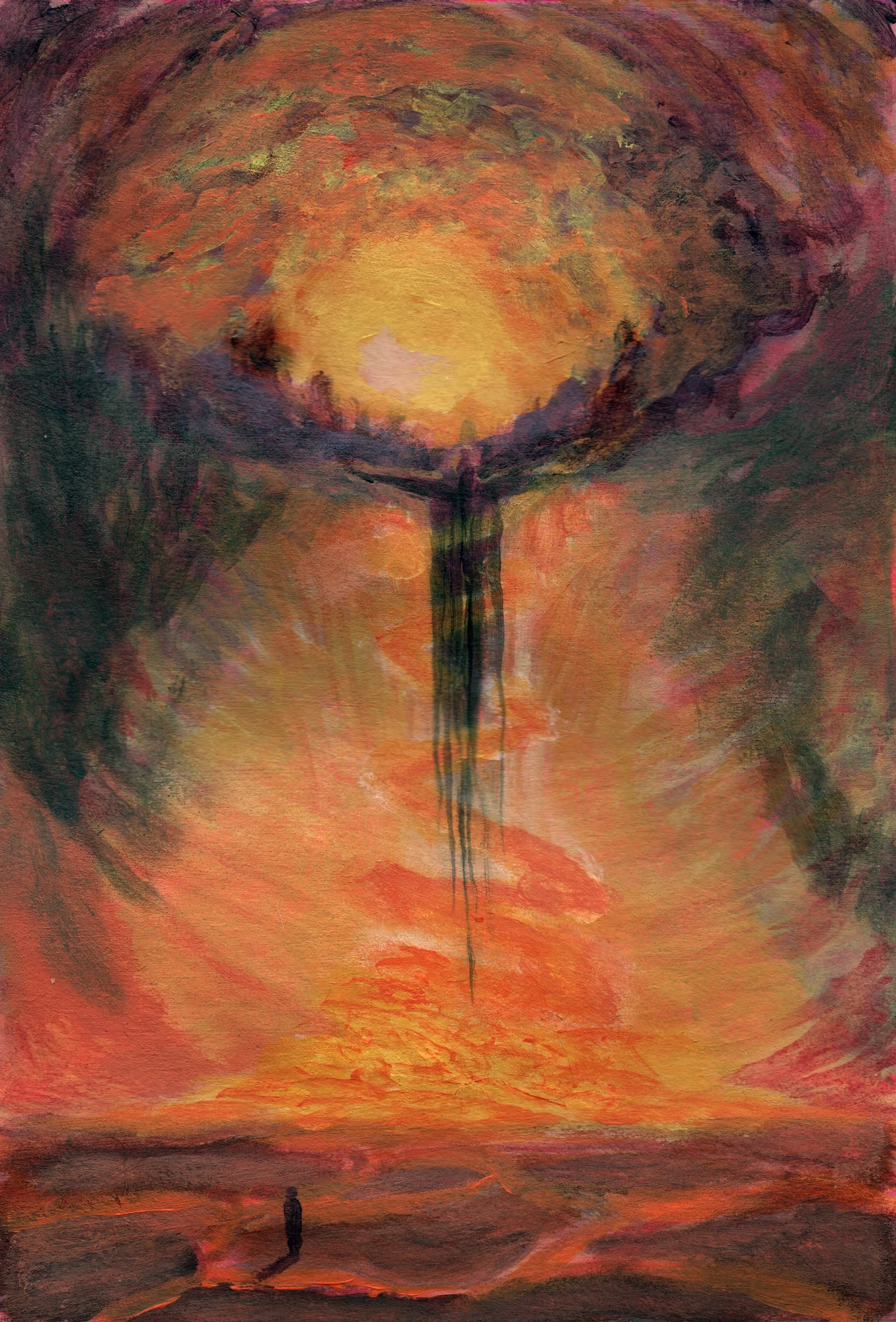 Painted orange landscape with a glowing sky and a tiny lone figure