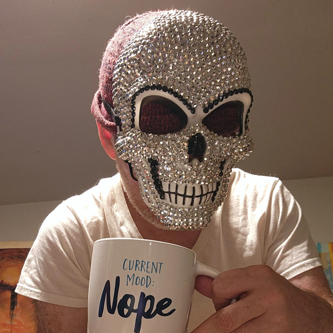 Iffy in a sparkling skull mask, holding a mug that says Current Mood: Nope