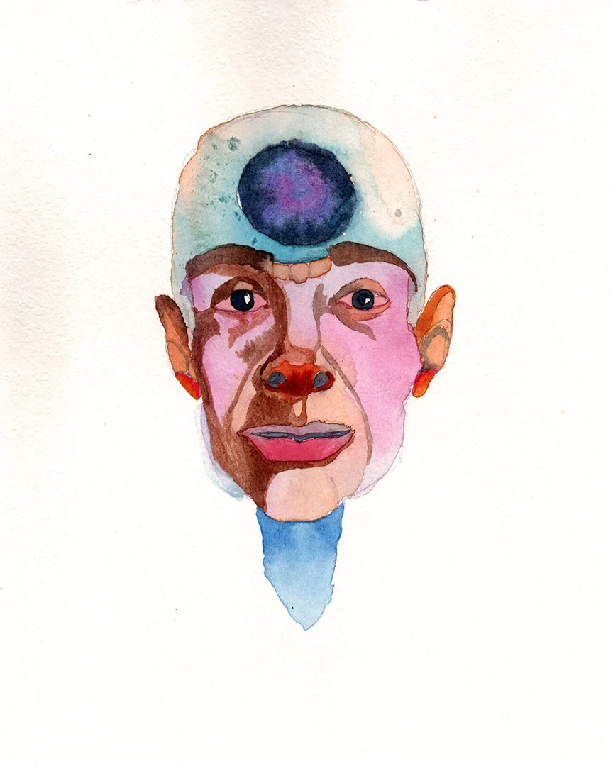 Painted head with a violet mark on the forehead, suspended in white