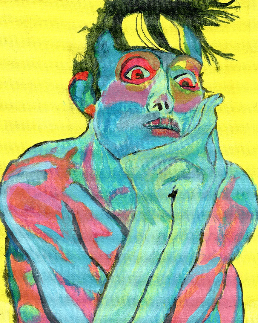 Bright blue and pink portrait against a yellow ground