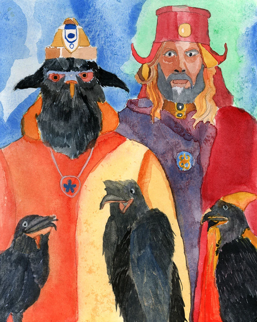 Watercolor of two costumed figures surrounded by black birds