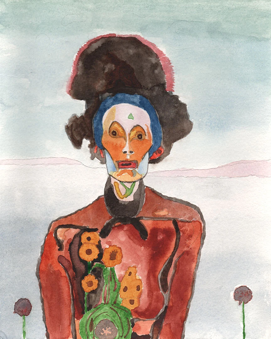 Surreal painted figure in a rust coat beneath a wide dark headdress