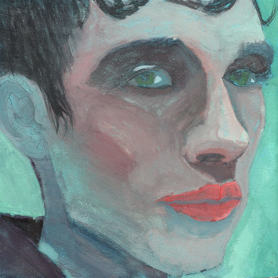 Close-up portrait in muted green with a direct sideways gaze