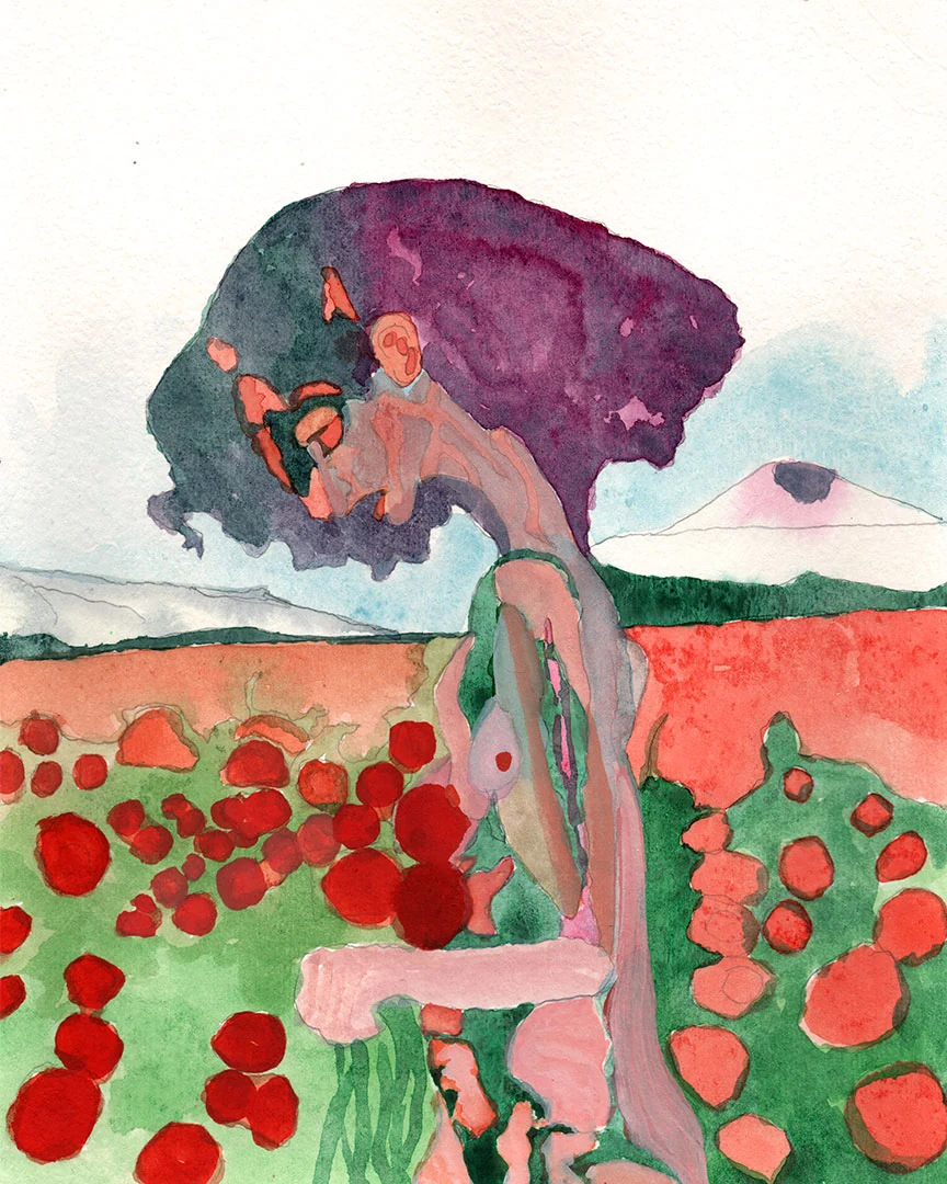 Figure among oversized red flowers and a purple tree