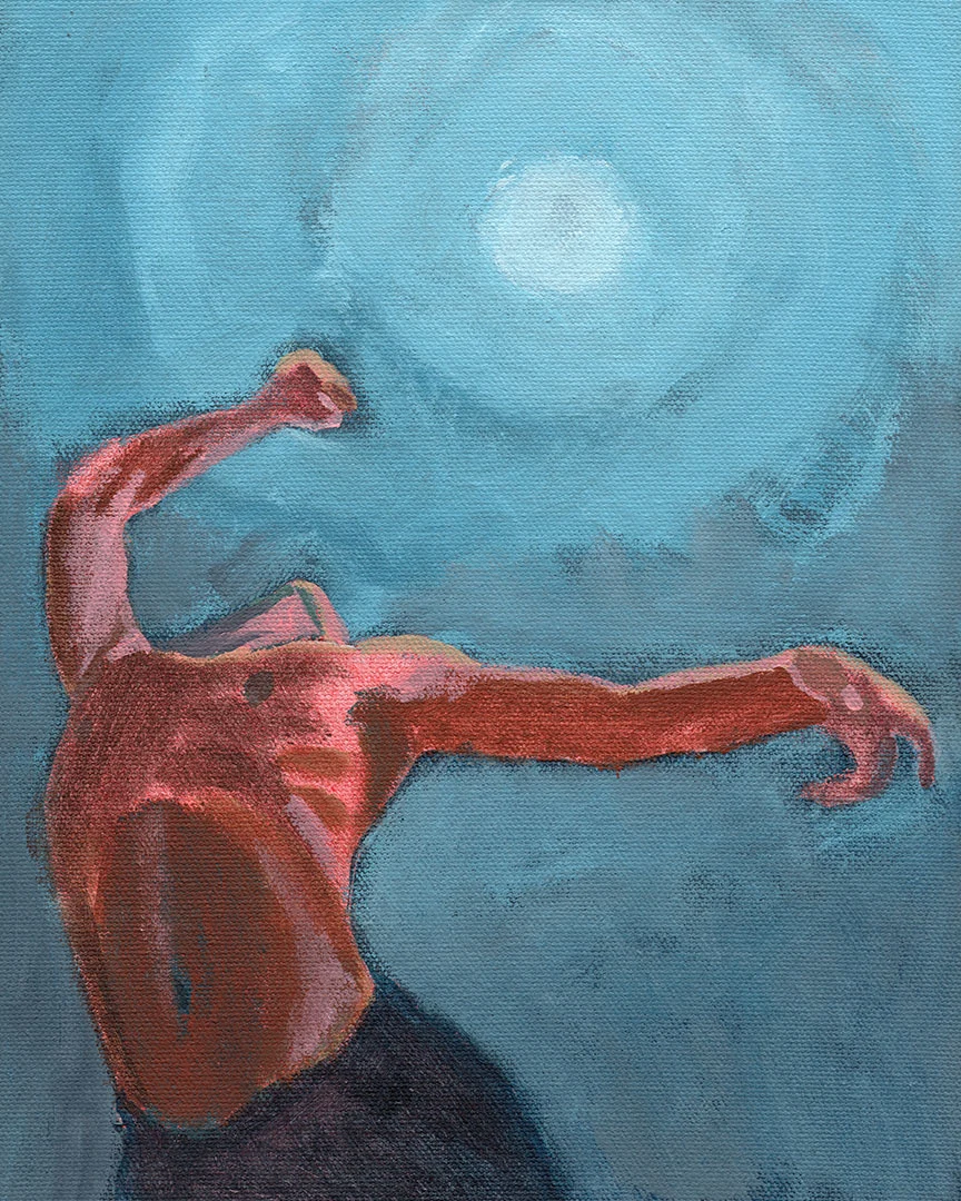 Extended figure reaching toward a pale moon in a blue sky
