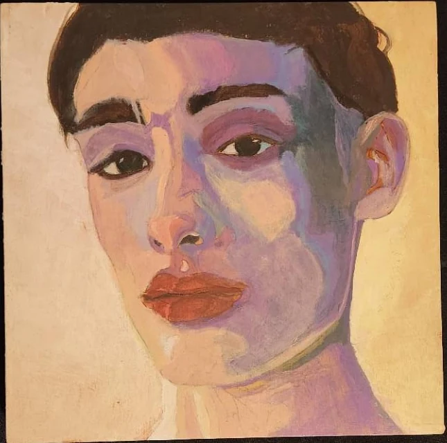 Sideways portrait painted in lavender, blue, and warm cream