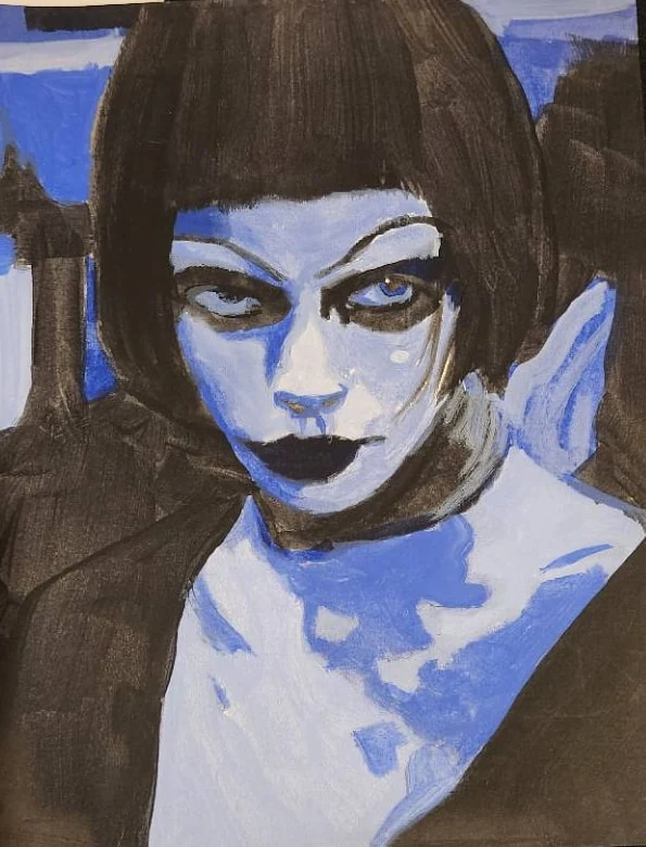 Blue-toned portrait with a dark bob and direct gaze