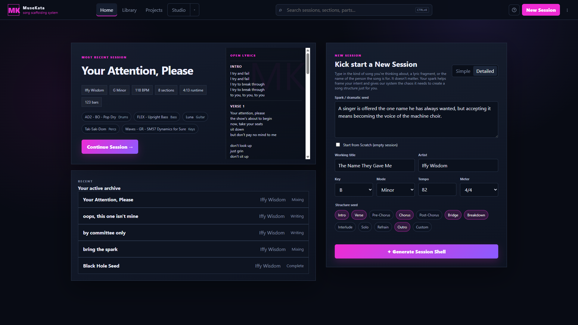 MuseKata dashboard showing an active songwriting session and a new session builder